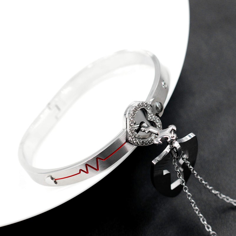 Uloveido 100 Languages I Love You Heartbeat Heart Bangle Bracelet & Shield Key Pendant Necklace for Lovers Friend and Friend Y953 (Steel Color) - Image 5